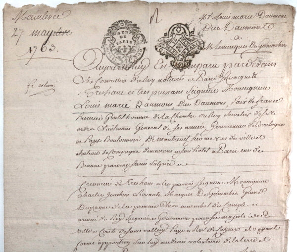 Paris 1763 document signée Duc de d'Aumont  et Marquis de Gamaches