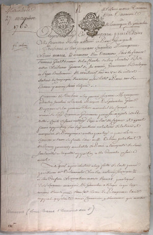 Paris 1763 document signée Duc de d'Aumont  et Marquis de Gamaches