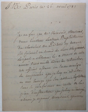 Paris 1782 letter Marquis de Chamborant, régiment Chamborant hussards
