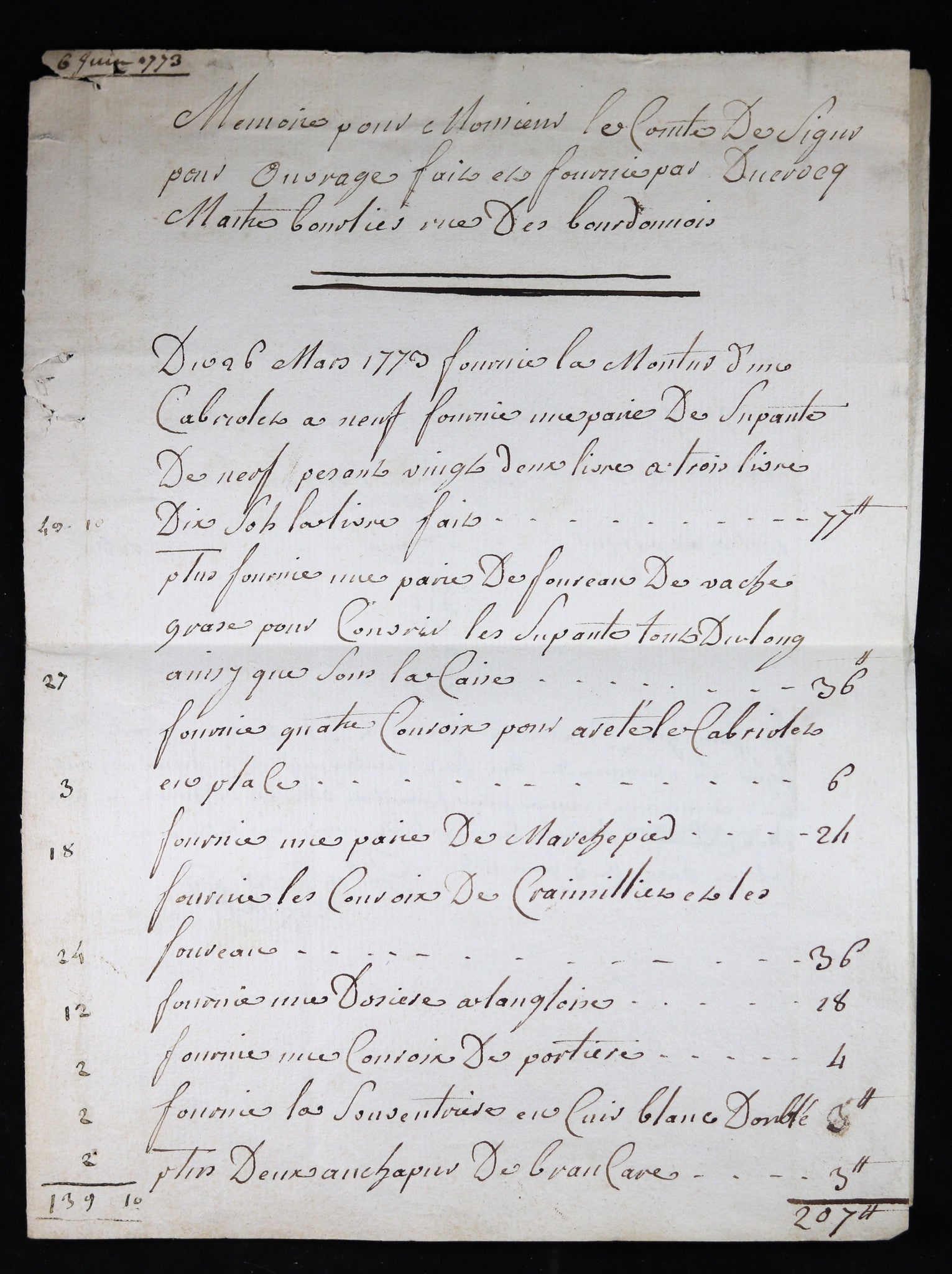 Paris 1773 - Mémoire pour Comte de Segur, entretien de son cabriolet