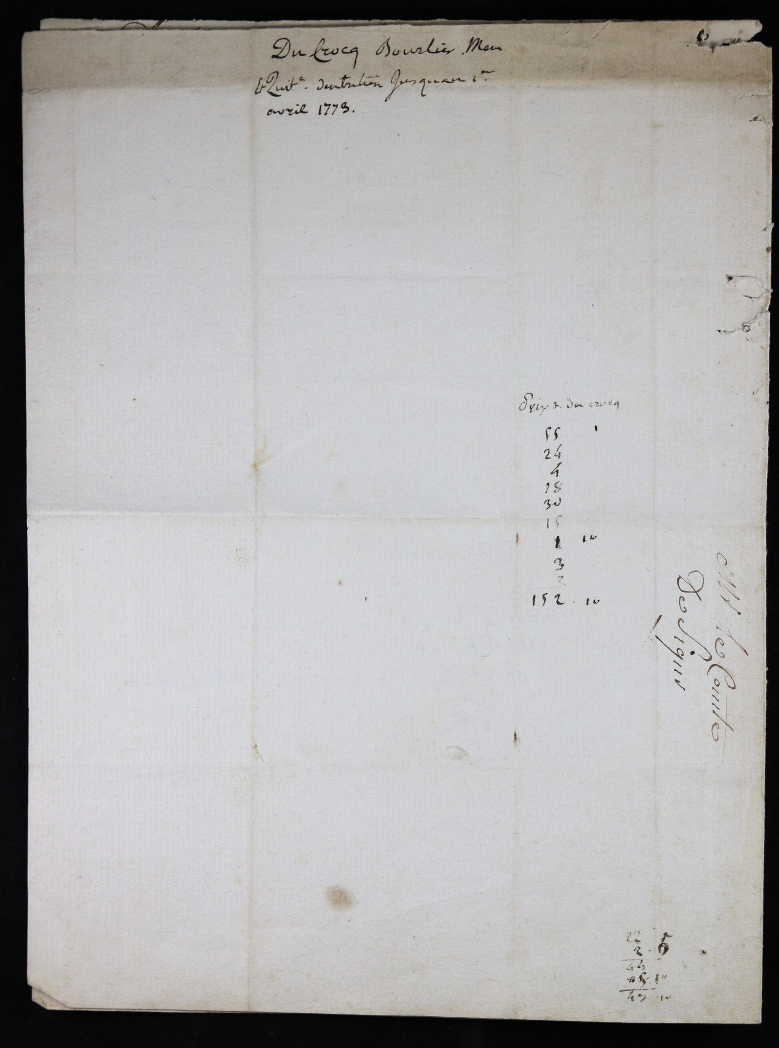Paris 1773 - Mémoire pour Comte de Segur, entretien de son cabriolet