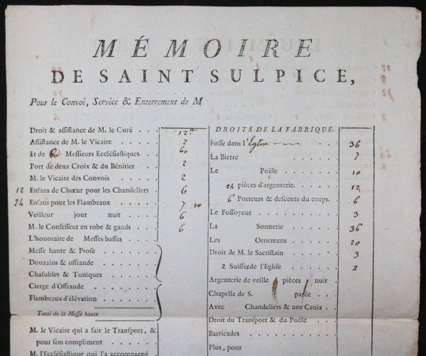 Paris 1784 mémoire de Saint-Sulpice, enterrement Baron de Vismes