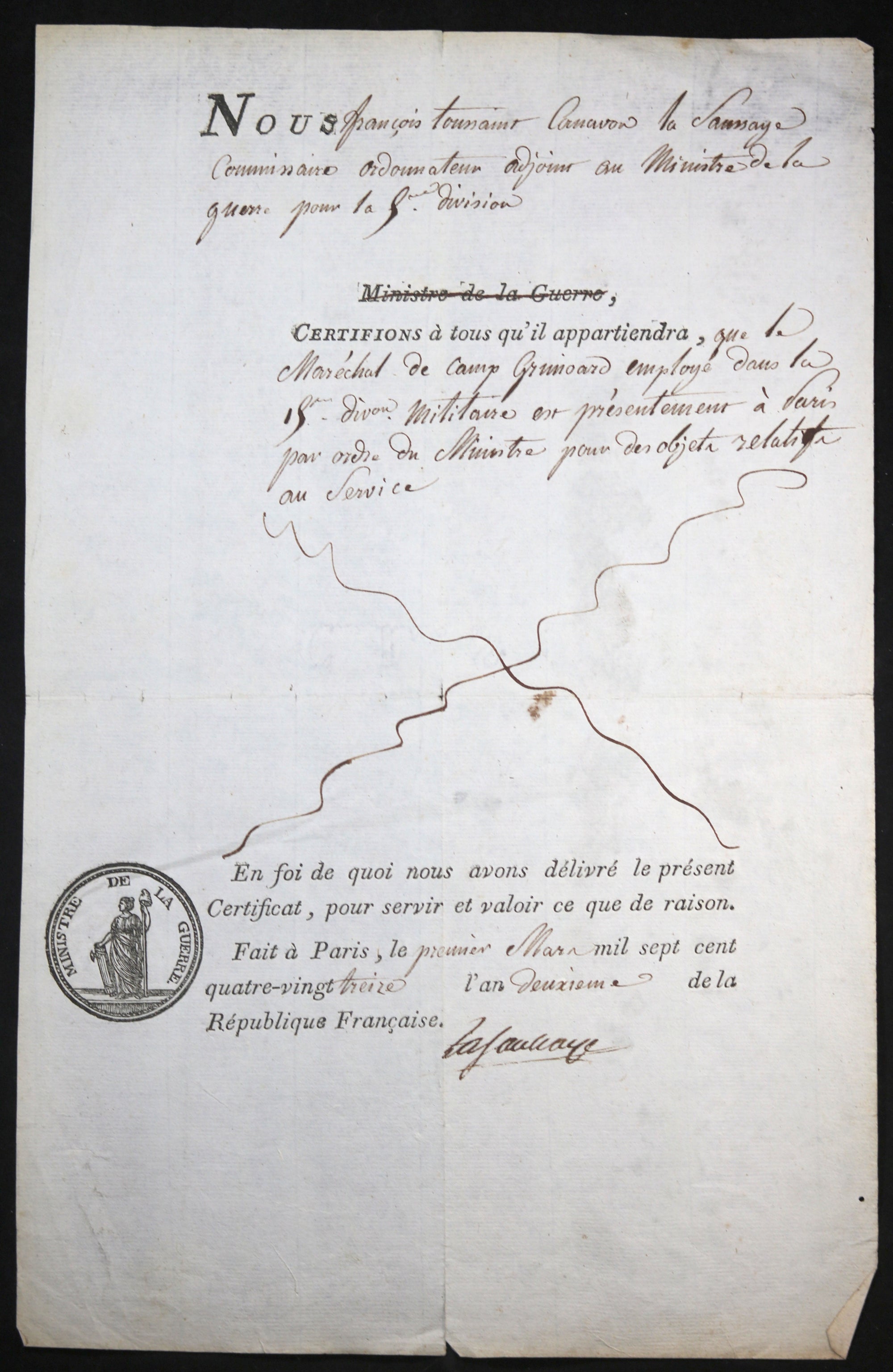 Paris 1793 certificat pour Mérechal de Camp - Comte de Grimoard