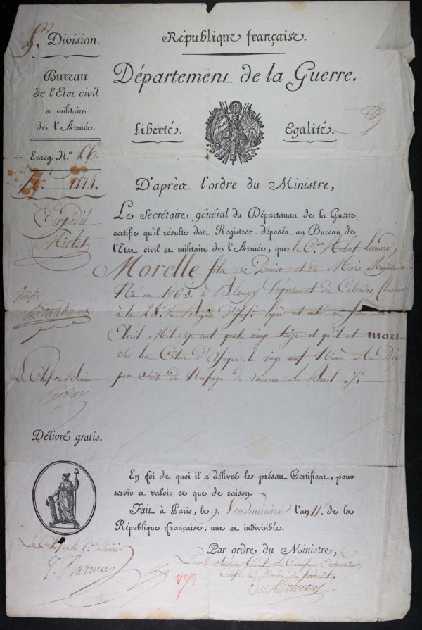 Paris 1802 déces soldat naufragé près Algérie, en route à St. Domingue