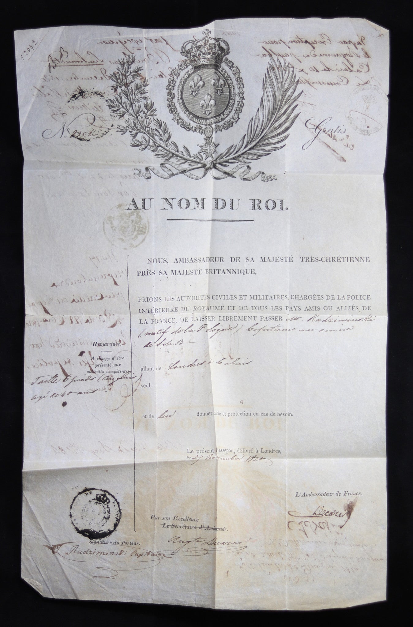 Passport pour capitaine Polonais, Londres à Calais 1820