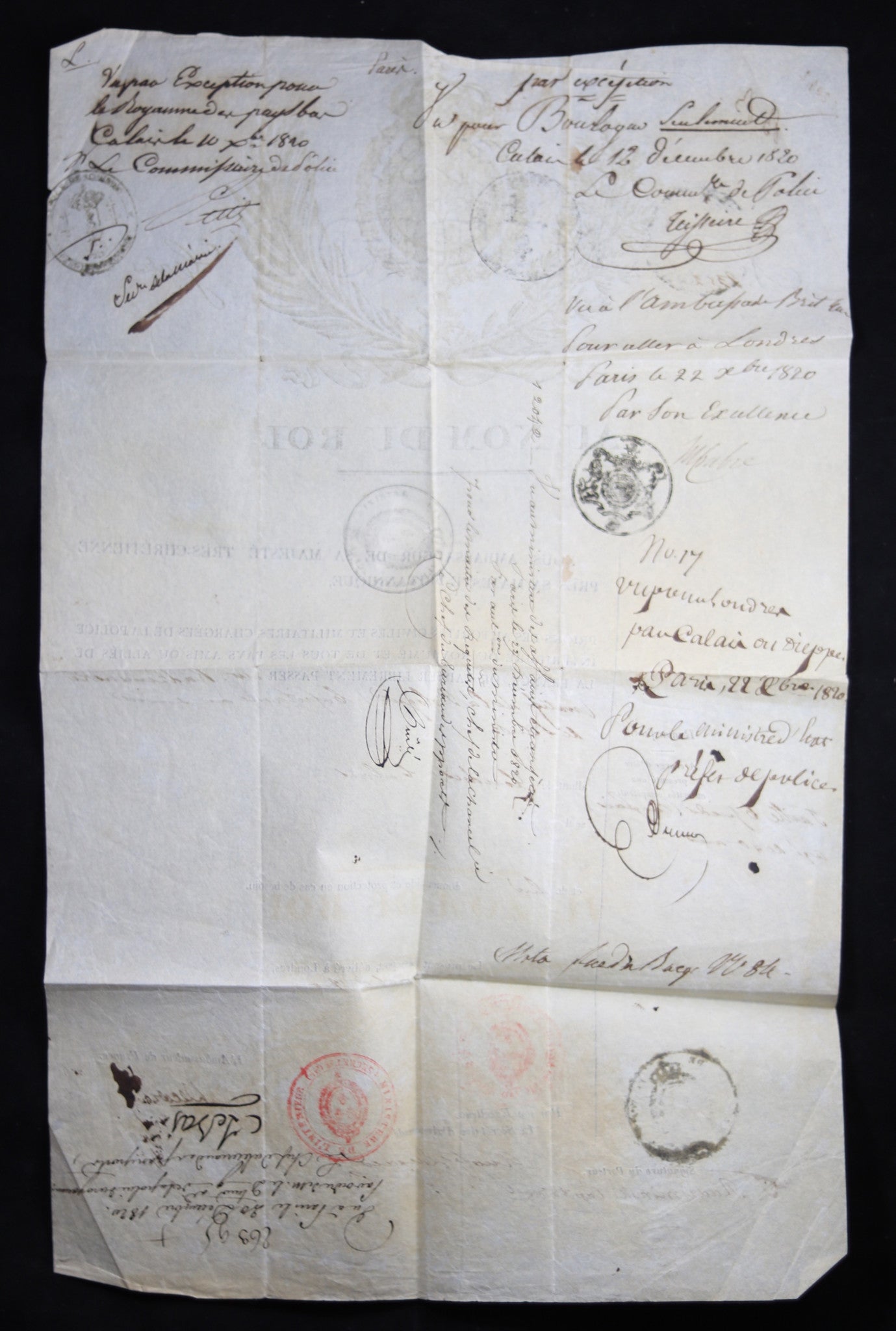 Passport pour capitaine Polonais, Londres à Calais 1820