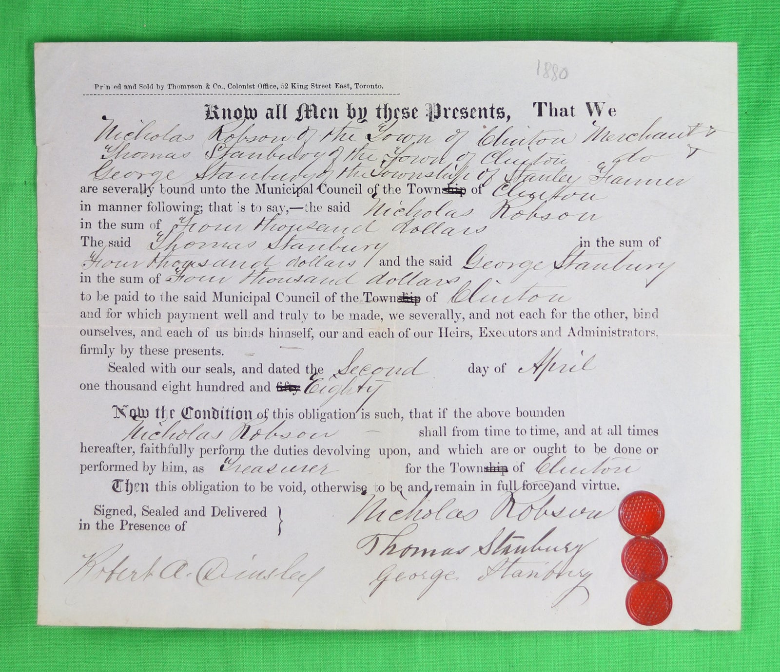 Payments to Municipal Council of Town  - Clinton Ont. 1880