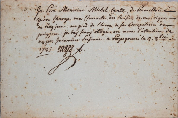 Perpignan France 1785 permission passer charrette raisin des vignes