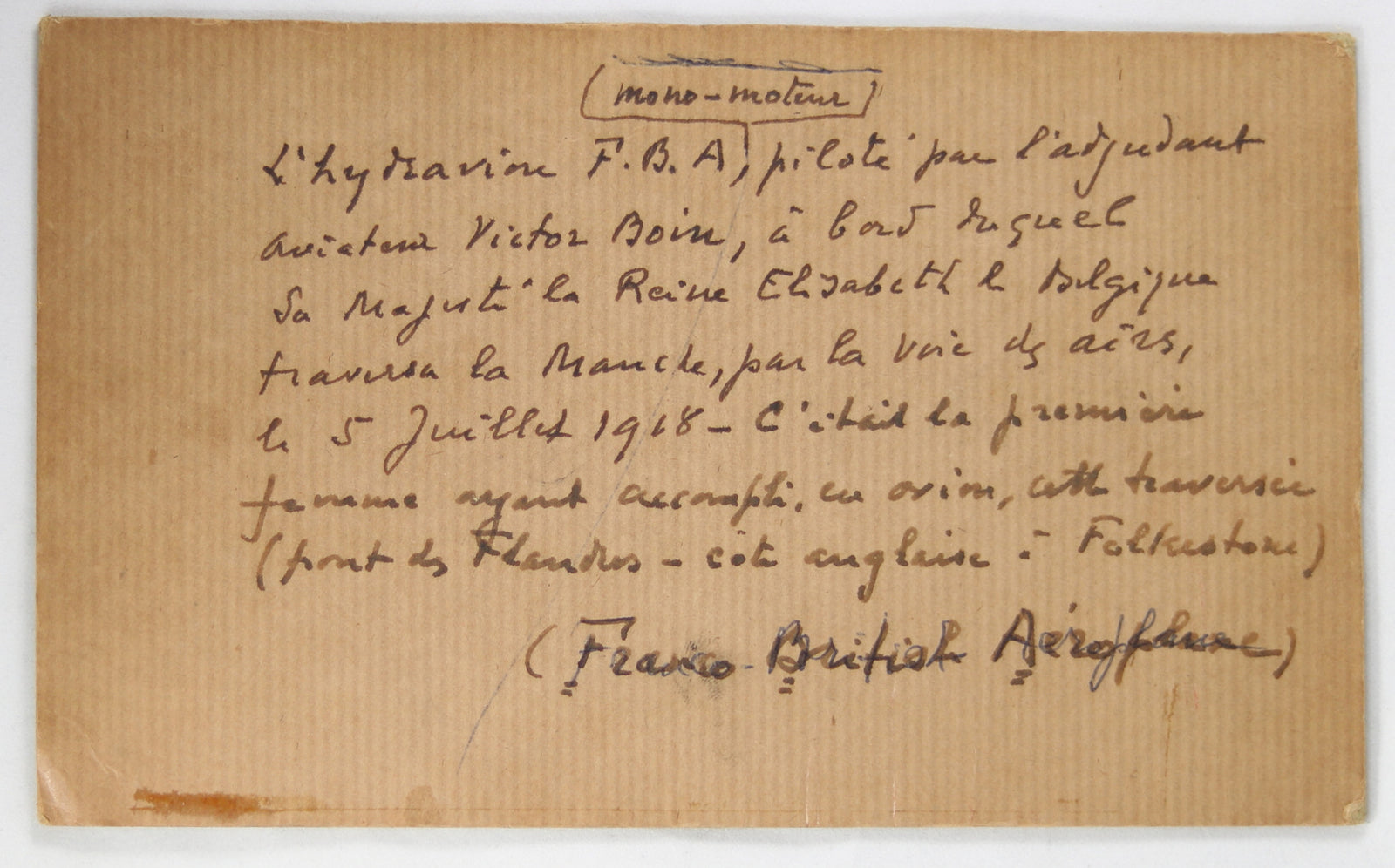 Photo hydravion FBA ‘La Miquette’, traverse de la Manche 1918