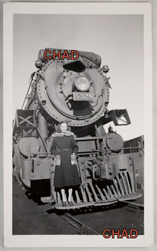 Photo of lady on CPR steam locomotive #5328 ~1950s