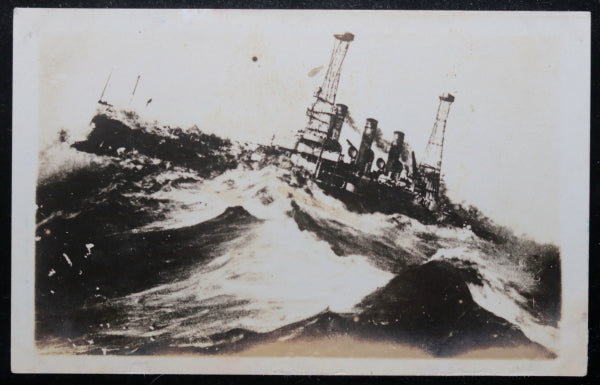 Photo postcard US battleship ‘Vermont’ in fierce storm at sea c.1913
