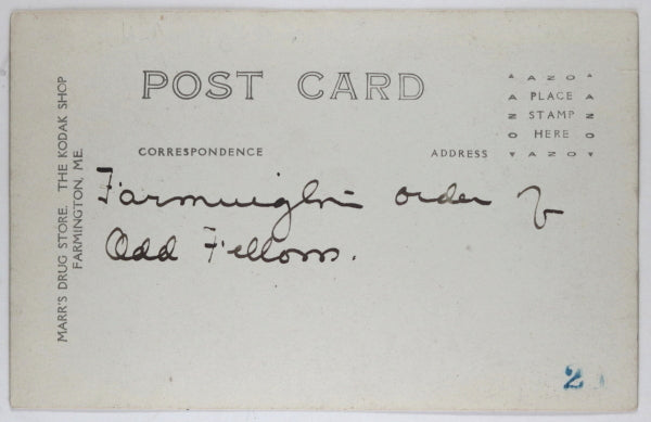 Photo postcard of Odd Fellows parade Farmington Maine (1920s)