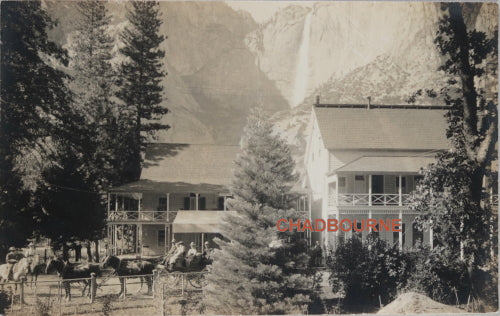 Photo postcard tourists at lodge in mountains c. 1910