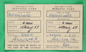 Berthing / Bedding cards for RAF passenger on troopship “Devonshire” @1951