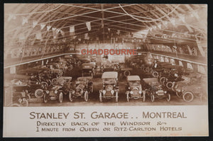 Photo postcard vintage cars in Stanley St. Garage Montreal c. 1910