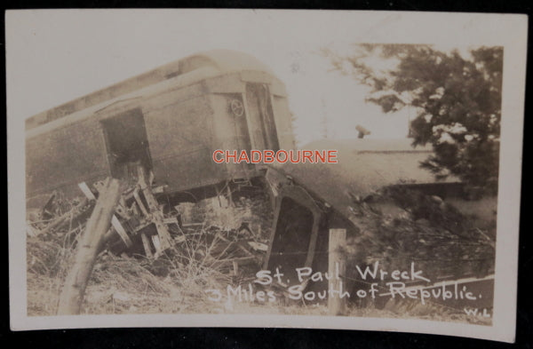 Photo postcard of train wreck near St. Paul  Republic Minnesota