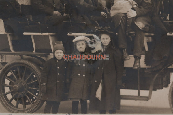 Photo postcard people in open-air tourism car, Denver CO. early 1910s