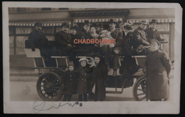 Photo postcard people in open-air tourism car, Denver CO. early 1910s