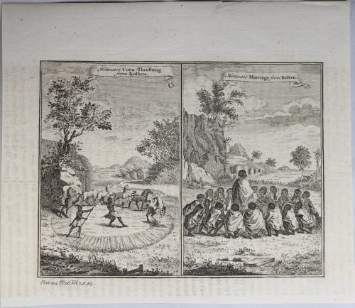 Print 'Hottentot Corn-Threshing from Kolben' and 'Hottentot Marriage from Kolben' 1745-7