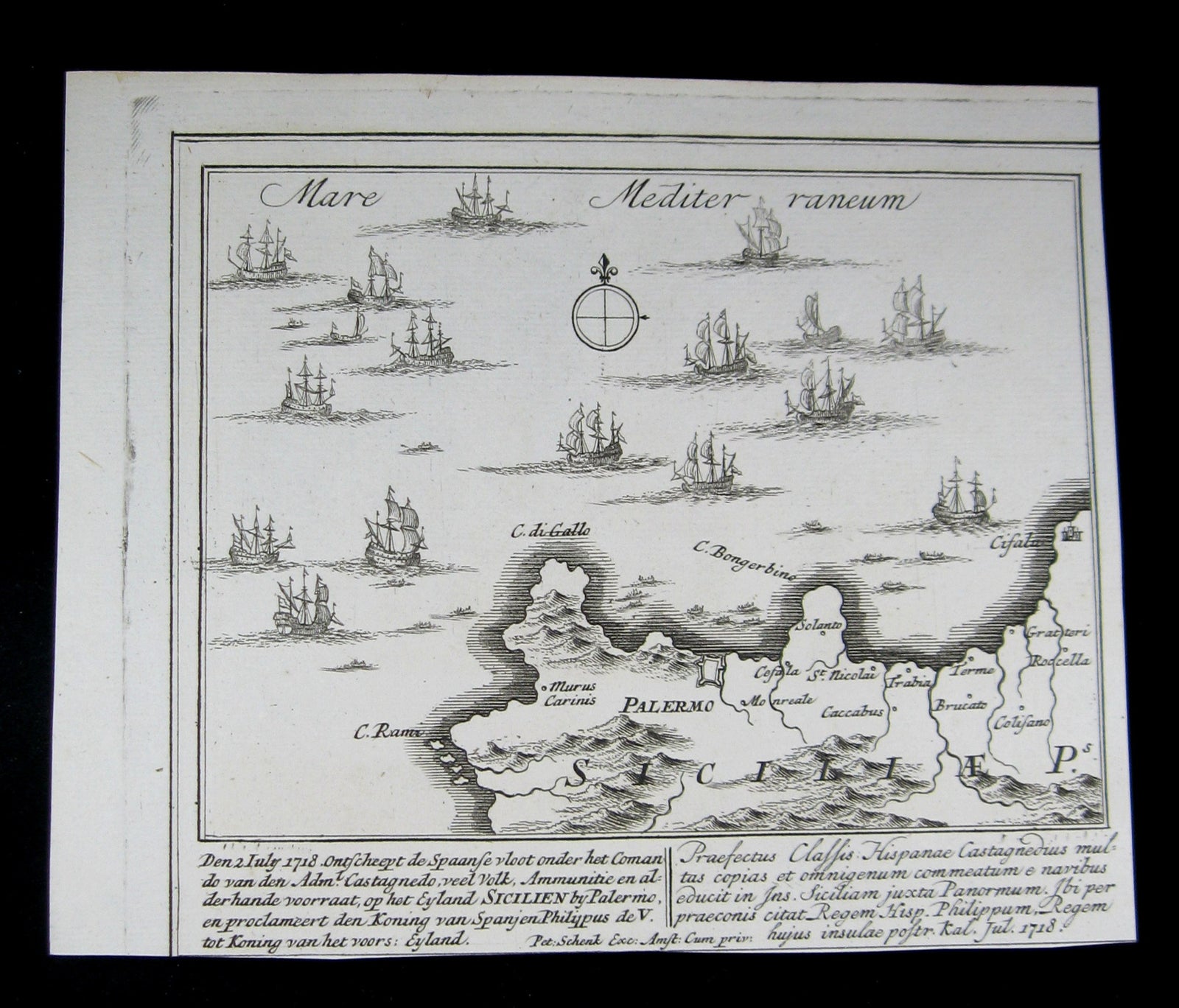 Print Spanish fleet landing troops and supplies during invasion of Sicily 1718 (@1730)