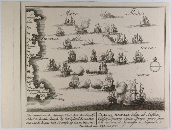 Print of the Naval Battle of Cape Passaro - English fleet defeat of Spanish 1718 (@1730)