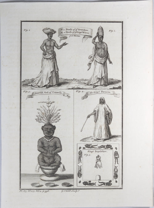 Print with five images 'Dress of ye Grandees / Dress of ye King's Wives ... from Marchais' 1745-1747