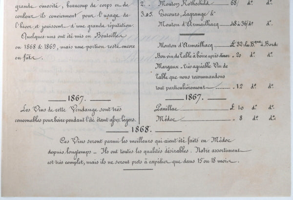 Prix courant des vins, de Gernon marchand de vin Bordeaux c. 1869