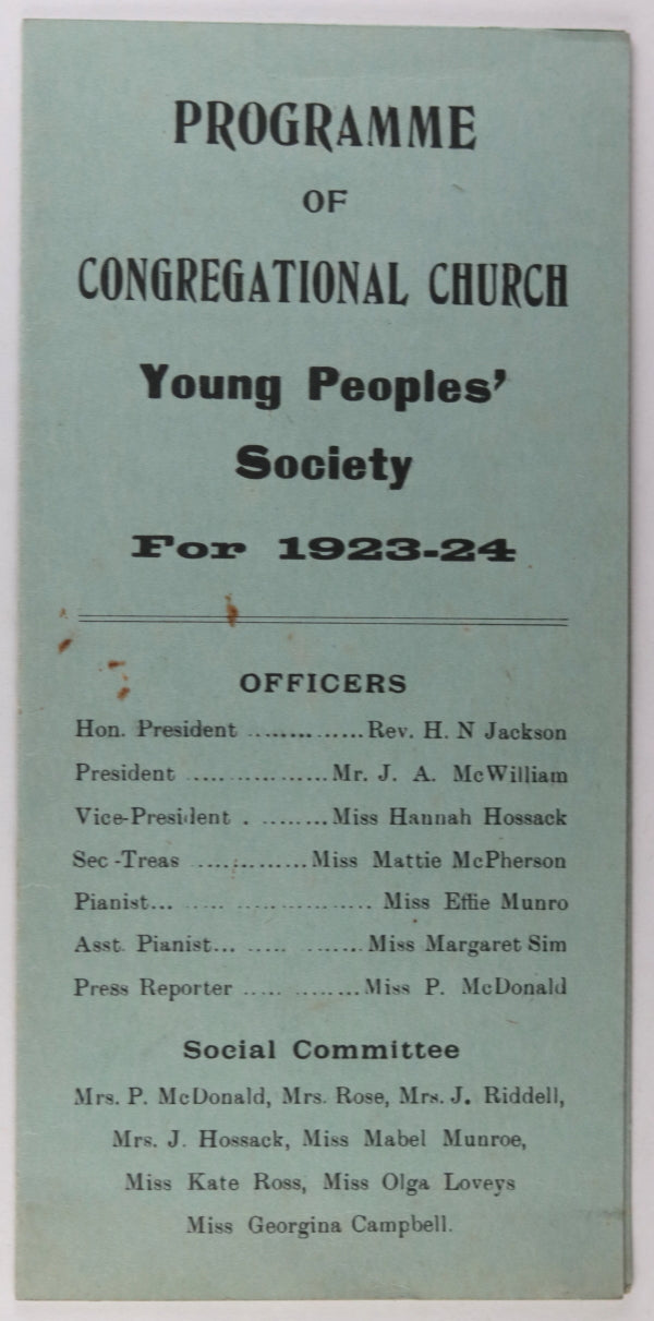 Programme Congregational Church - Young Peoples Society 1923/24 (USA) -  Chadbourne Antiques & Collectibles