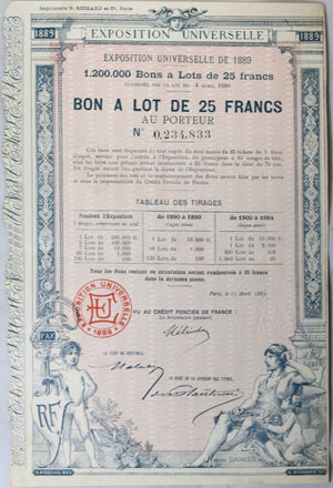 Qte. 5 de EXPOSITION UNIVERSE PARIS - bons à lots. 1889 bond issue