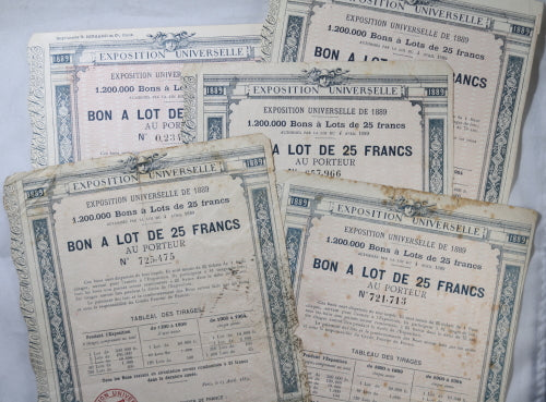Qte. 5 de EXPOSITION UNIVERSE PARIS - bons à lots. 1889 bond issue