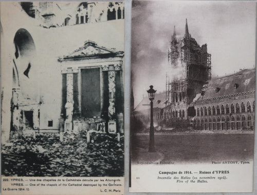 Quatre (4) cartes postales d'Ypres avec photos ruines (1914-15)
