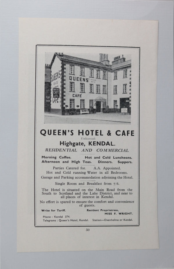Queens Hotel & Cafe Kendal (Cumbria UK) advertising 1930s