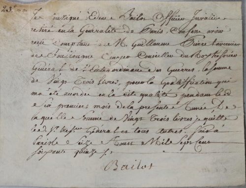 Quittance de Bailot, Officier Invalide pour gratification, Paris 1775