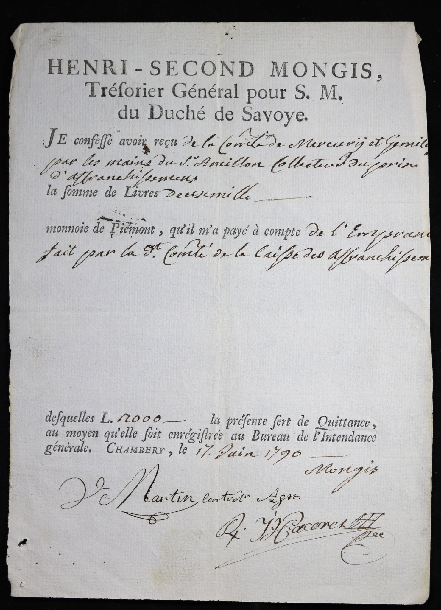 Quittance de Mongis, Trésorier Général de S.M. du Duché de Savoie 1790