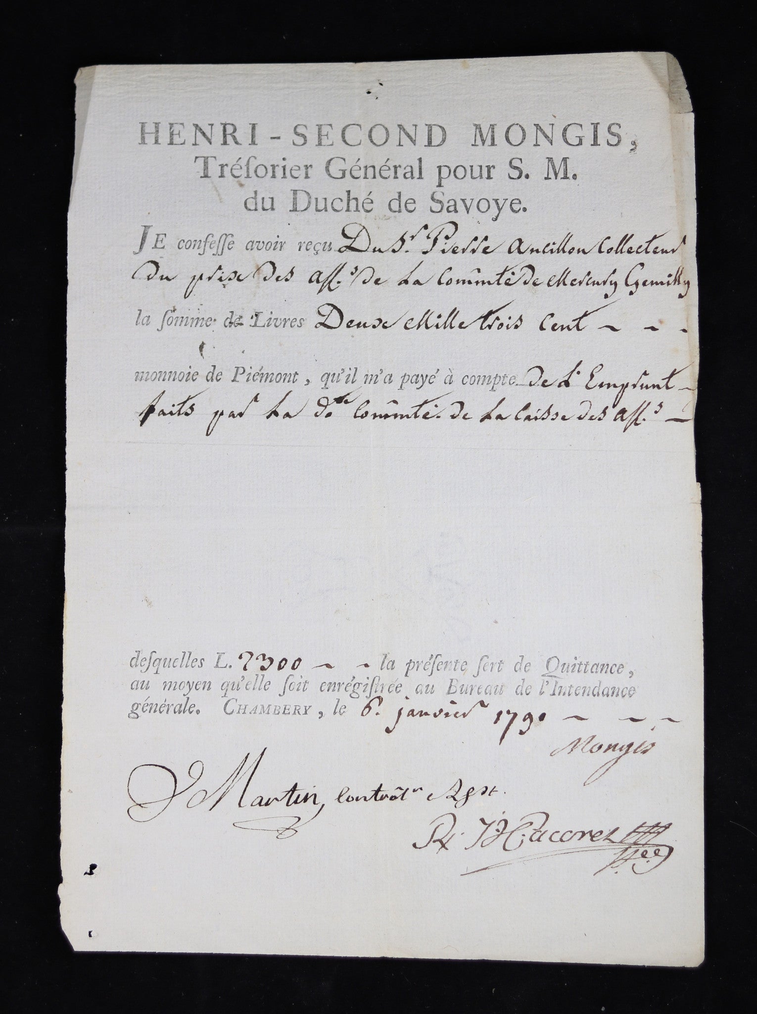 Quittance de Mongis, Trésorier Général de S.M. du Duché de Savoie 1790