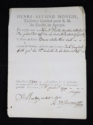 Quittance de Mongis, Trésorier Général de S.M. du Duché de Savoie 1790