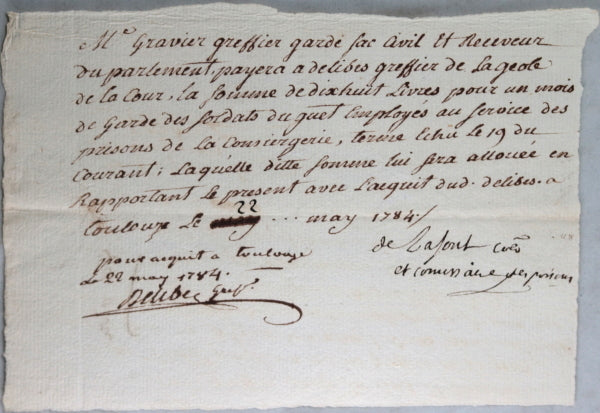 Quittance paiement au greffier de la geôle de la Cour - Toulouse 1784