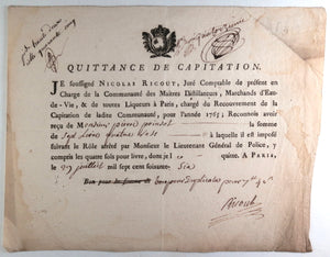 Quittance de capitation Marchands d'eau-de-vie Paris 1766