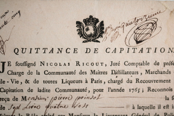 Quittance de capitation Marchands d'eau-de-vie Paris 1766