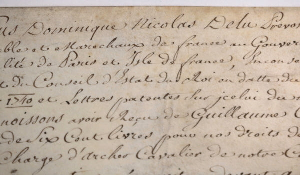 Quittance pour charge d'archer cavalier (maréchaussée) 1742 Paris