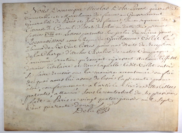 Quittance pour charge d'archer cavalier (maréchaussée) 1742 Paris