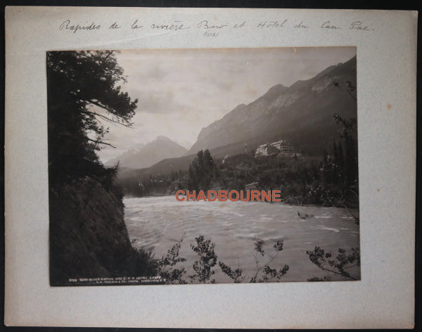 R.H. Trueman photo Bow River rapids and Banff Hotel AB c.1899