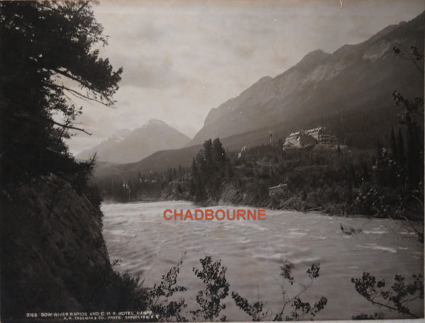 R.H. Trueman photo Bow River rapids and Banff Hotel AB c.1899