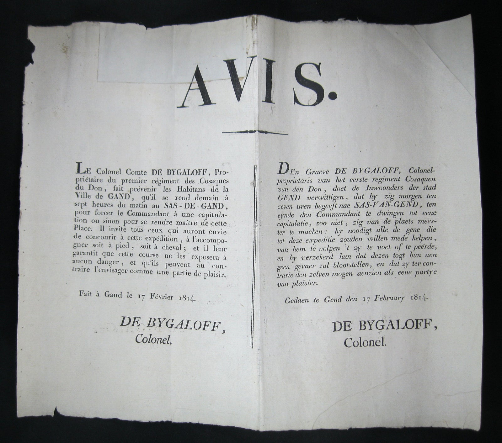 Affiche support de la populace capitulation Gand 1814