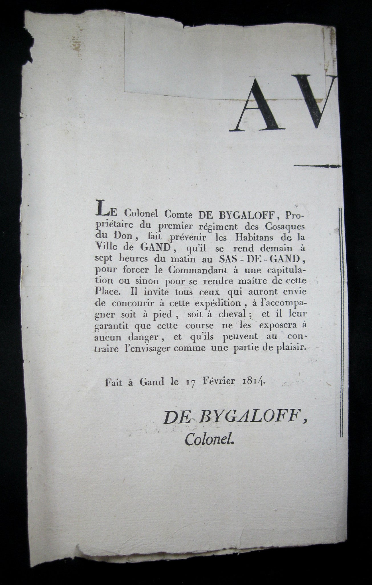 Affiche support de la populace capitulation Gand 1814