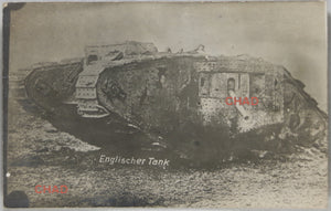 RPPC WW1 German photo postcard of disabled British tank