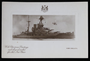 RPPC of HMS Malaya with Christmas and New Year’s greetings