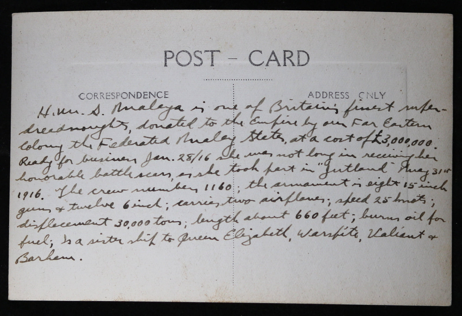 RPPC of HMS Malaya with Christmas and New Year’s greetings