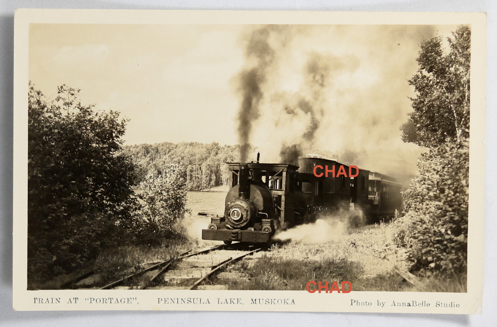 RPPC photo Portage Flyer Train at Peninsula Lake Muskoka Ont.