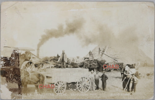 RPPC photo postcard Threshing Scene Gravelbourg Saskatchewan 1906-1918